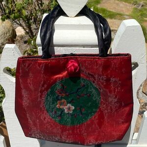 SMALL TOTE BAG/PURSE red w/black netting overlay. Cherry Blossom print. EUC!